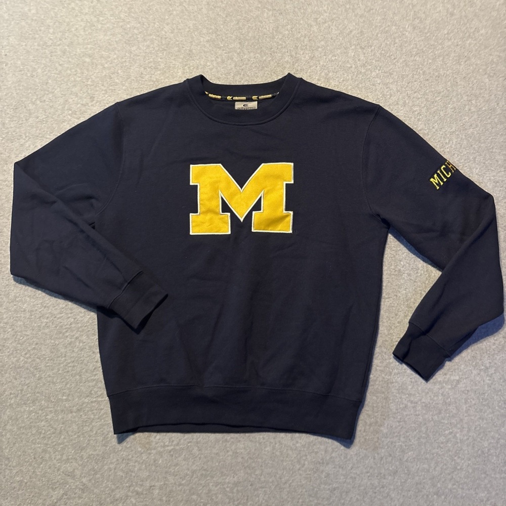 Michigan Wolverines Blue Sweater Men's Sz M Large Patch Crew Neck NCAA Colosseum